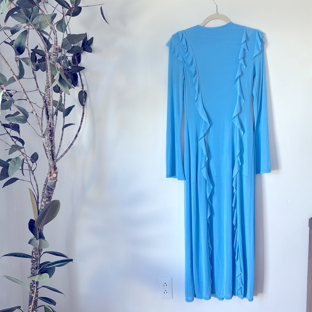 Future Collective Blue Maxi Dress Size XS Front Spilt Long Sleeve V-Neckline - Picture 2 of 9